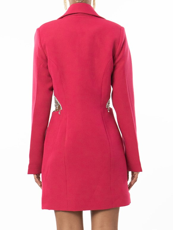 Hot Pink Lapel Collar Side Cut  Dress