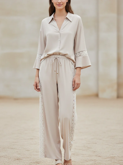 Leisure Wear Lace Trim Shirt And Pants Set