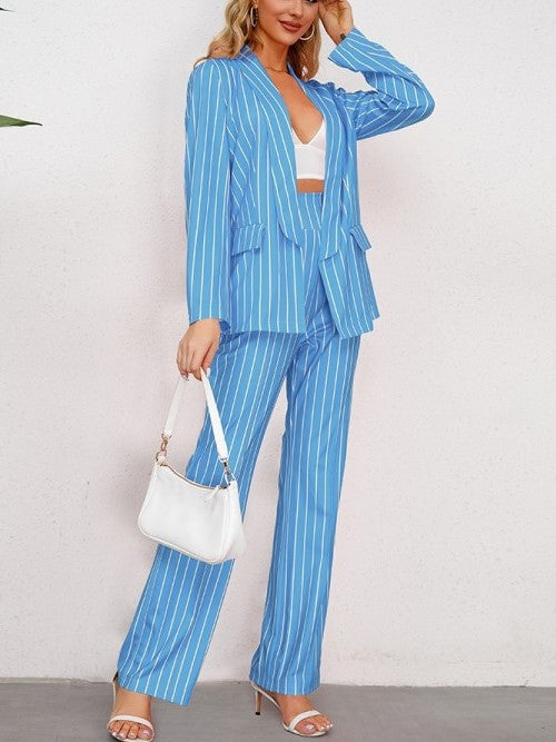 Modern Stripped Blazer And Pants Blue Set