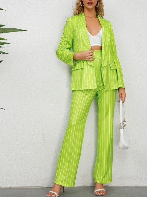 Modern Stripped Blazer And Pants Green Set