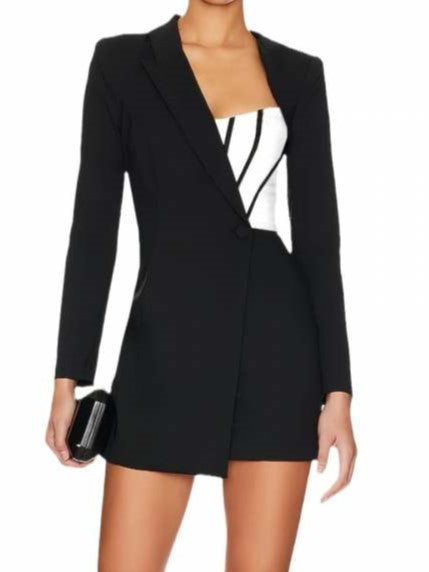 Modish Contrast Color Irregular Black Blazer Mini Dress