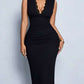 Modish Lace Panel V Neck Sleeveless Black Midi Dress