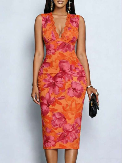 Modish Lace Panel V Neck Sleeveless Orange Midi Dress