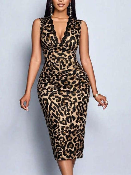 Modish Lace Panel V Neck Sleeveless Animal Print Brown Midi Dress