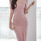Modish V Neck Double Breasted Pink Pencil Dress