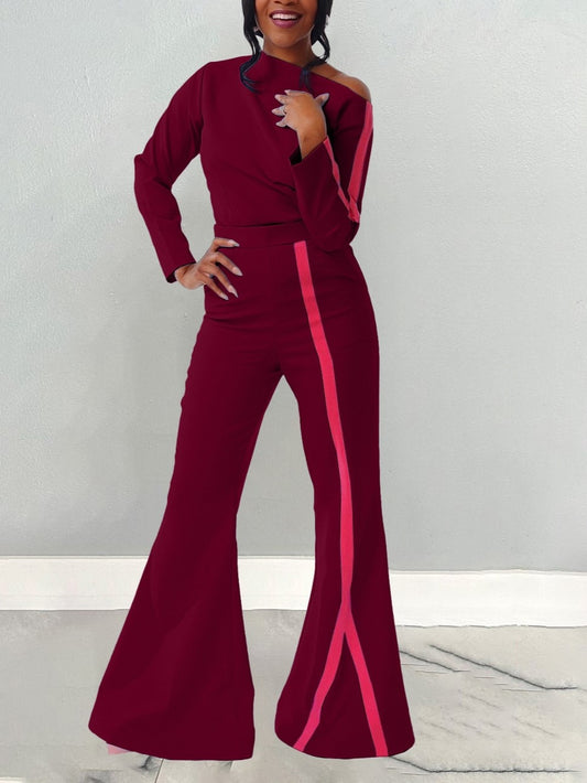 Must Have Colorblock Long Sleeve Flared Trouser Wine Red Set