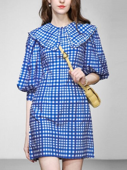 Must Have Plaid Puff Sleeve Blue Dress