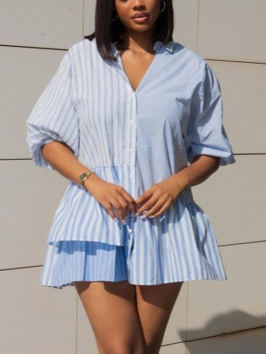 Must Have Striped Printed Blue Ruffle Shirt