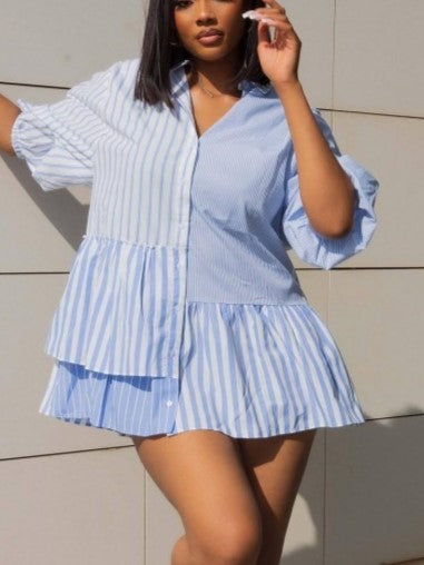 Must Have Striped Printed Blue Ruffle Shirt