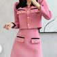 New Arrival Colorblock Short Coat Top With Bodycon Pencil Skirt Pink Set
