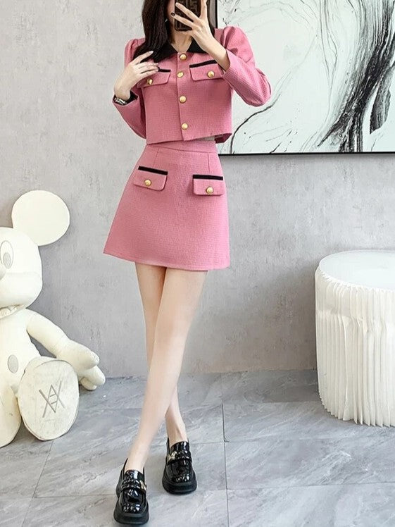New Arrival Colorblock Short Coat Top With Bodycon Pencil Skirt Pink Set