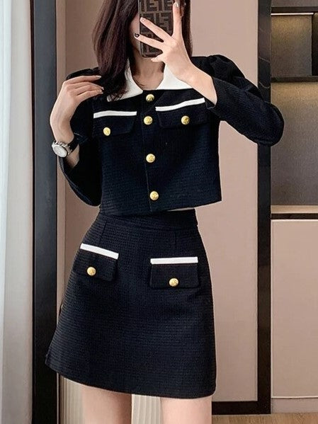 New Arrival Colorblock Short Coat Top With Bodycon Pencil Skirt Black Set