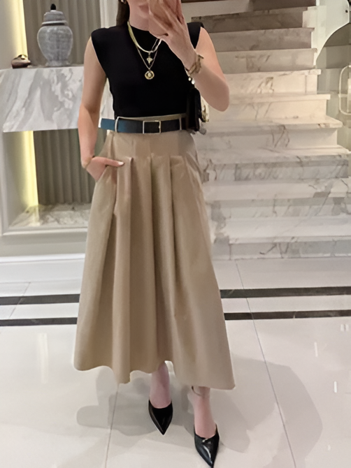 New Arrival Dual Tone Pleated Dress With Belt