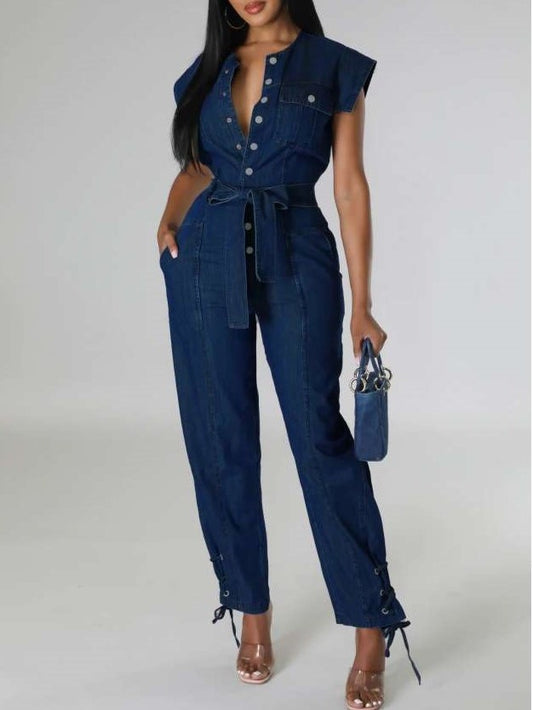 New Arrival Eyelets Denim Lace Up Sleeveless Jumpsuit