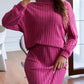 New Arrival Striped Mock Neck Knitted Pink Pullover Skirt Set