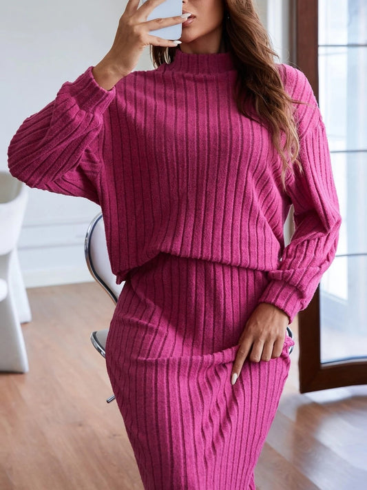 New Arrival Striped Mock Neck Knitted Pink Pullover Skirt Set