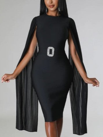 New Style Pleated Long Sleeve Solid Black Dress