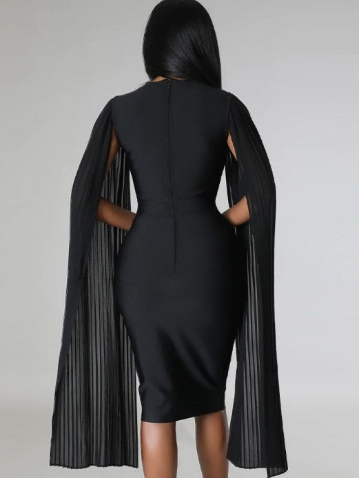 New Style Pleated Long Sleeve Solid Black Dress
