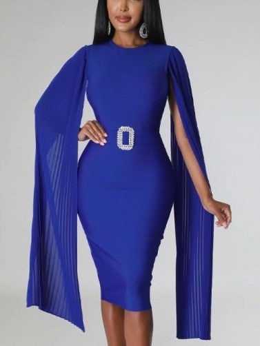 New Style Pleated Long Sleeve Solid Blue Dress