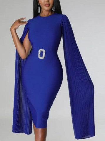 New Style Pleated Long Sleeve Solid Blue Dress