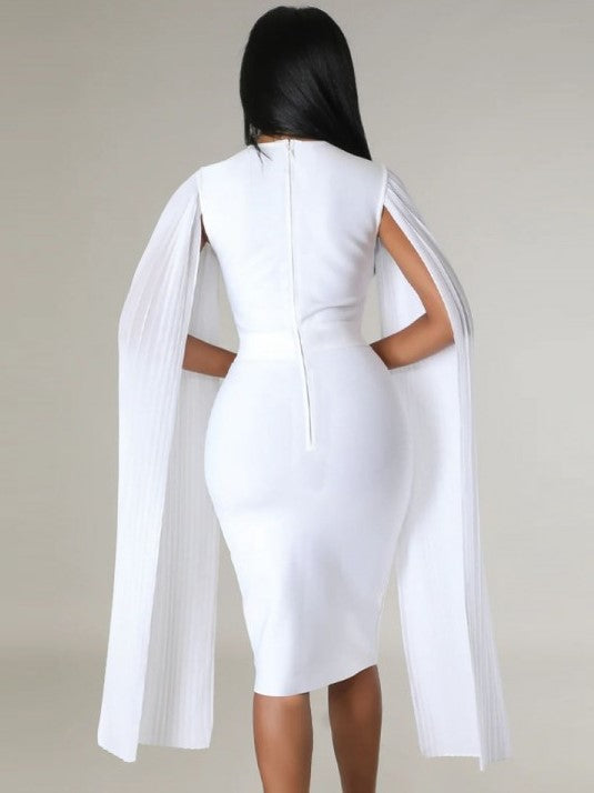 New Style Pleated Long Sleeve Solid White Dress