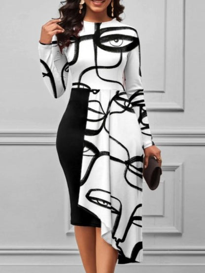New Style Printed Irregular Crew Neck White Dress - Ships in 24 Hrs