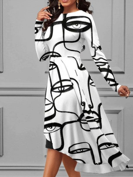 New Style Printed Irregular Crew Neck White Dress