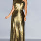 Party Fashion Metallic One Shoulder Pleated Gold Maxi Dress