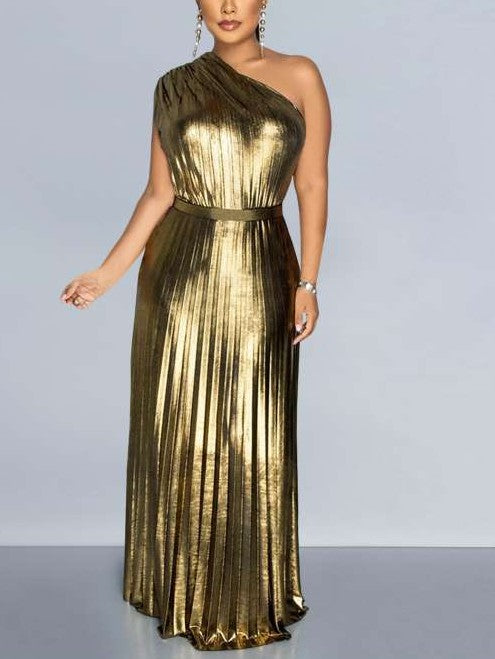 Party Fashion Metallic One Shoulder Pleated Gold Maxi Dress