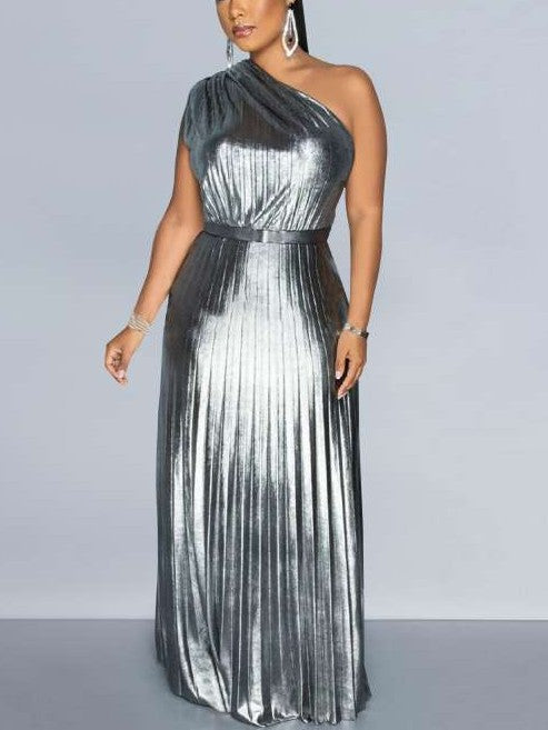 Party Fashion Metallic One Shoulder Pleated Silver Maxi Dress