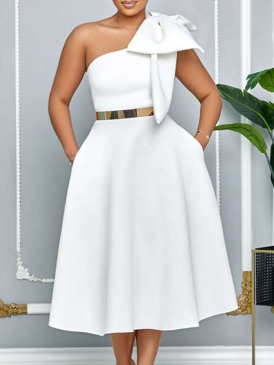 Party Fashion One Shoulder Bow Swing White Midi Dress