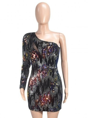 Gorgeous Party Wear One Shoulder Sequined Black Bodycon Mini Dress