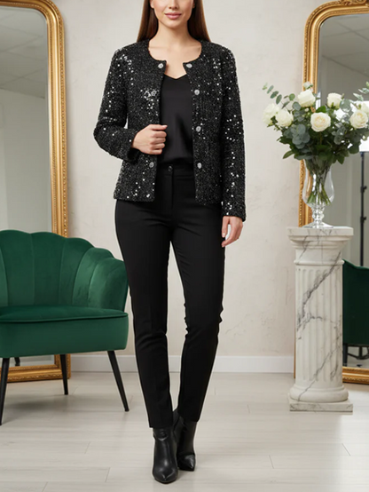 Party Wear Tweed Sequin Rhinestone Button Decor Blazer Jacket