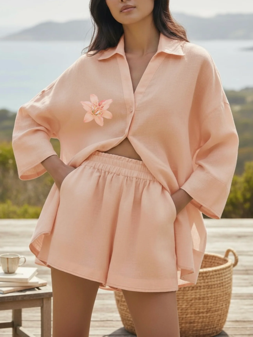 Perefct Pastel Peach Flower Shorts Co ord Set