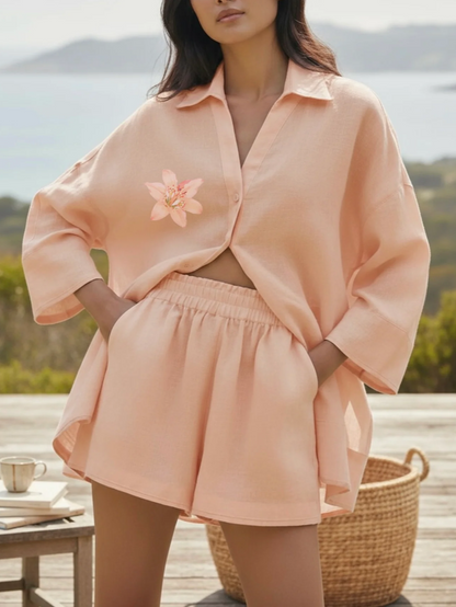 Perefct Pastel Peach Flower Shorts Co ord Set