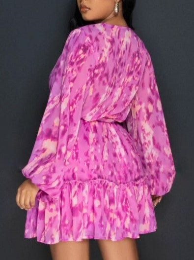 Popular Printed Long Sleeve Pink Dress