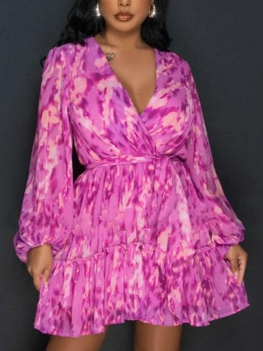 Popular Printed Long Sleeve Pink Dress