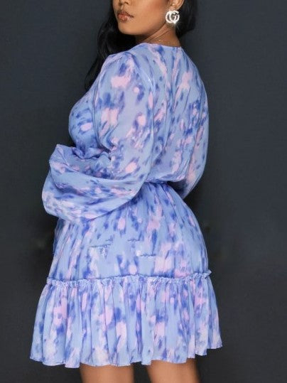 Popular Printed Long Sleeve Blue Dress