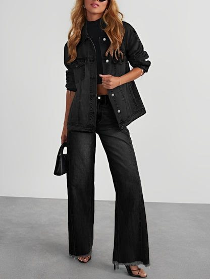 Premium Fashion Denim Lapel Jacket Black Co Ord Set