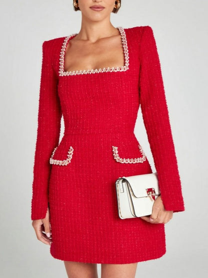 Premium Fashion Embellished Long Sleeve Red Bodycon Dress