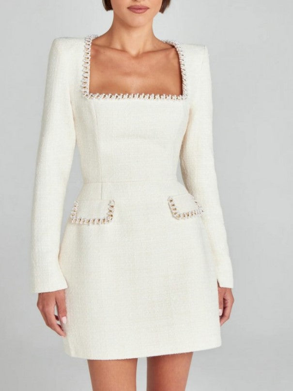 Premium Fashion Embellished Long Sleeve White Bodycon Dress