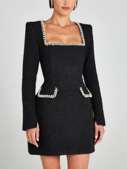 Premium Fashion Embellished Long Sleeve Black Bodycon Dress