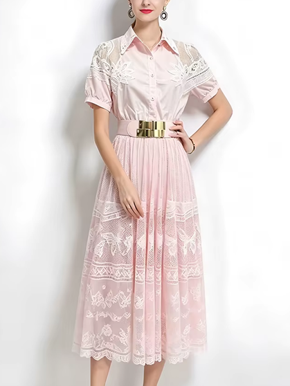 Premium Fashion French Short Sleeve Lace Lapel Collar Pink Party Dress