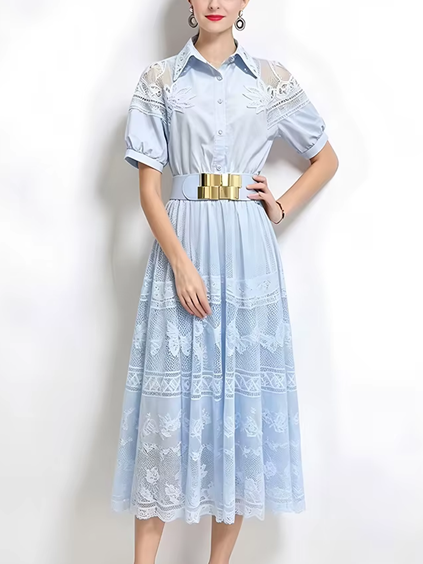Premium Fashion French Short Sleeve Lace Lapel Collar Blue Party Dress