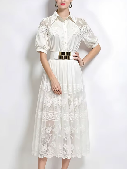 Premium Fashion French Short Sleeve Lace Lapel Collar Apricot Party Dress