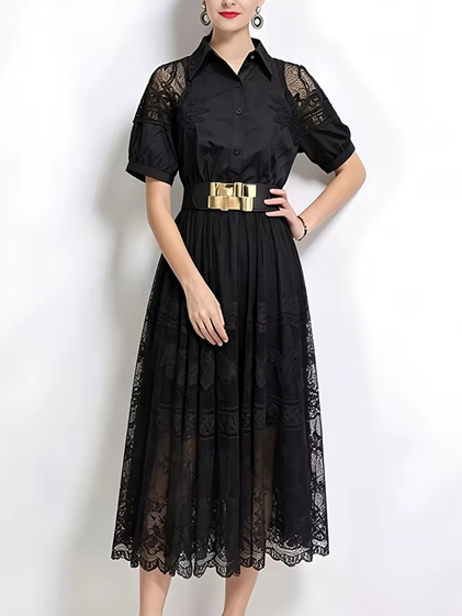 Premium Fashion French Short Sleeve Lace Lapel Collar Black Party Dress