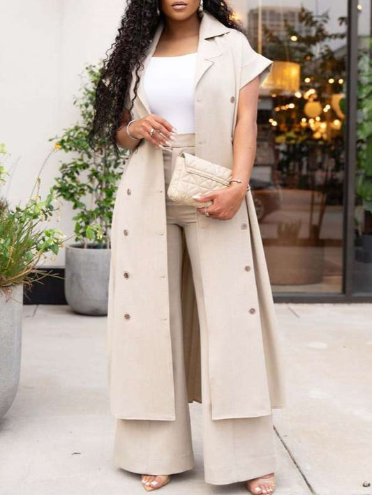 Premium Fashion Lapel Pleated Long Coat Beige Co ord Set - Ships in 24 Hrs