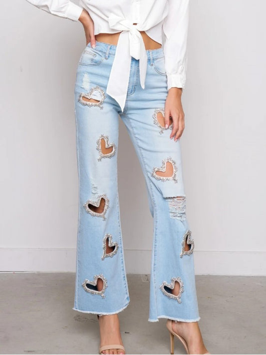 Premium Fashion Party Wear Heart Embellished Hollow Out Wide Leg Jeans