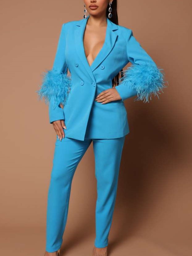 Premium Fashion Tailored Collar Long Sleeve Feather Decor Blue Pant Suit Set