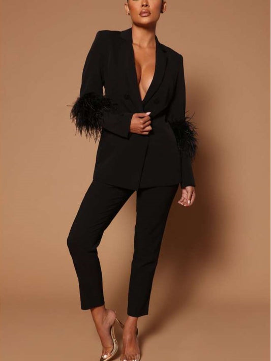 Premium Fashion Tailored Collar Long Sleeve Feather Decor Black Pant Suit Set